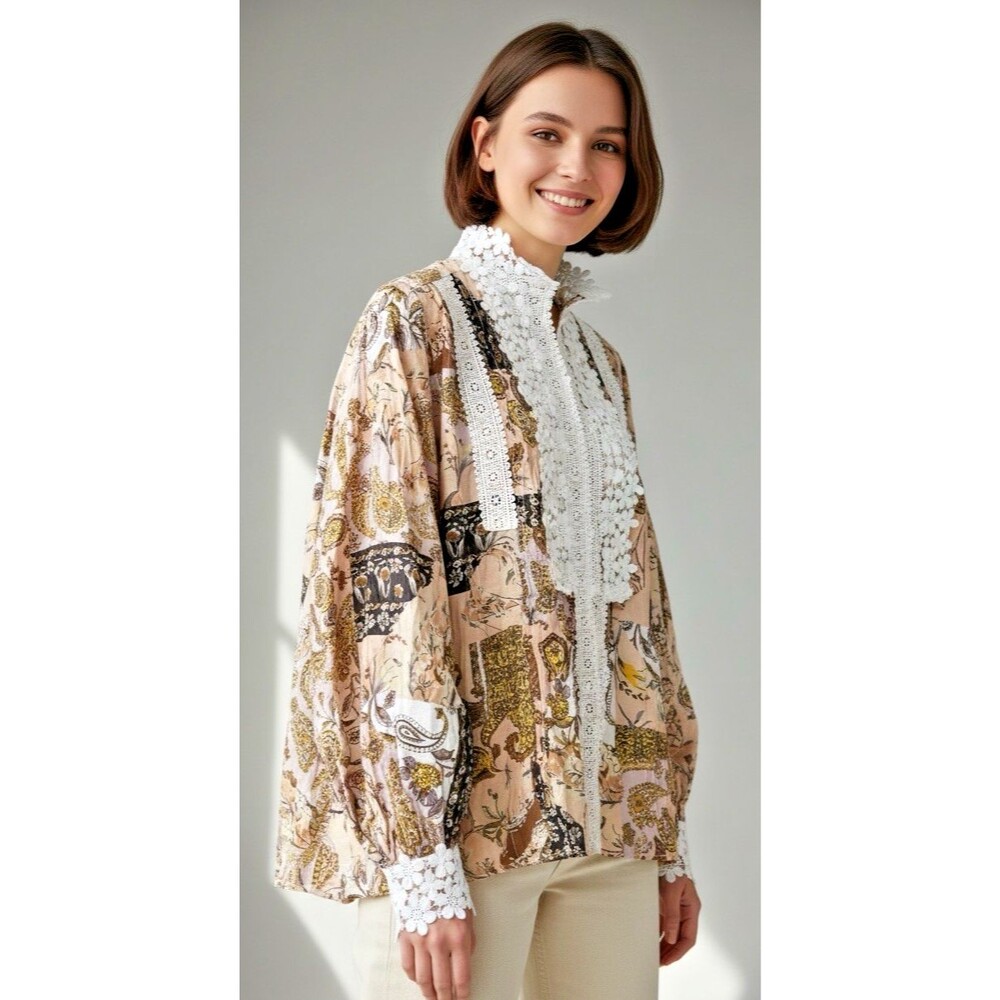 POL New! womens high neck lace paisley oversized boho blouse Large
